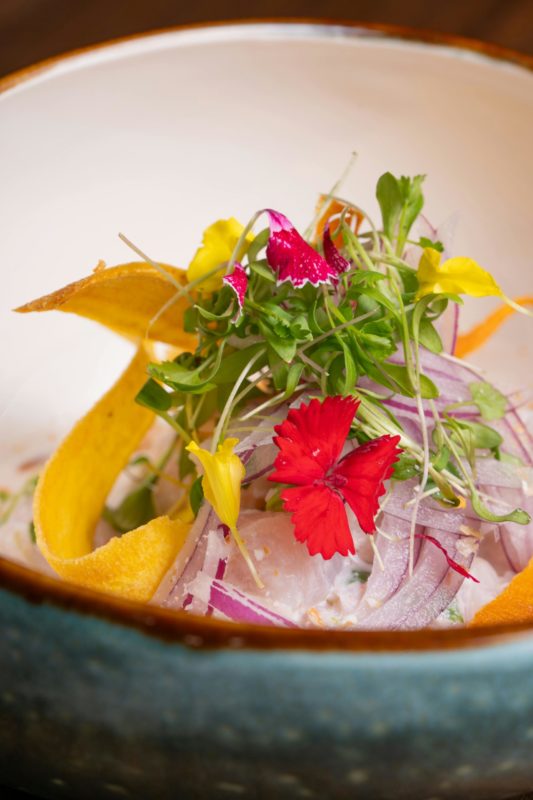 Food Presentation Tips with Edible Flowers on an Elegant Culinary Dish Close-up showing food presentation tips using edible flowers and microgreens