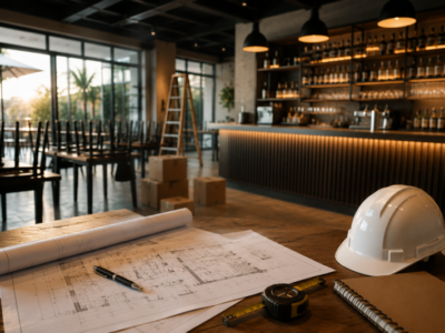 Pre-opening Restaurant & Bar Interior in Progress Modern restaurant and bar interior during pre-opening with floor plans, hard hat and fit-out preparations.