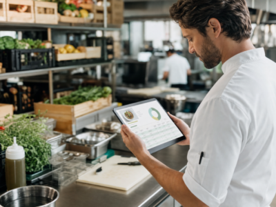 Chef reviewing recipe costing on a procurement and recipe management system in a commercial kitchen.