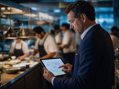Hospitality manager reviewing a digital rostering schedule on a tablet in a busy commercial kitchen