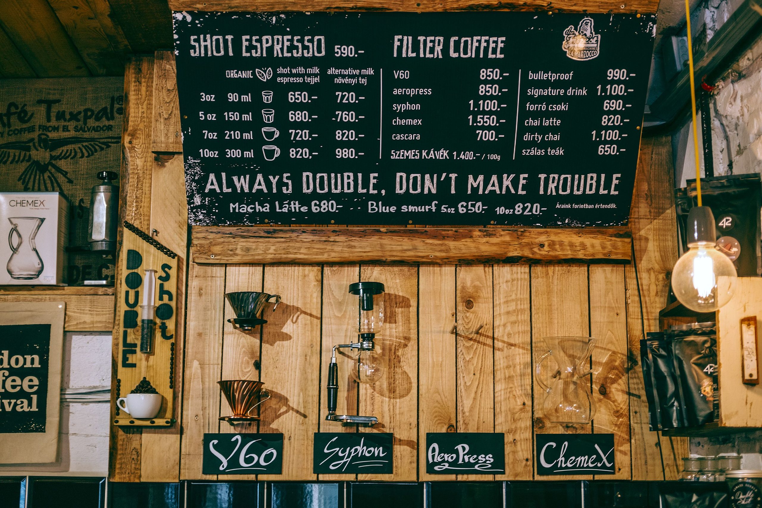 Café chalkboard menu displaying coffee and beverage prices